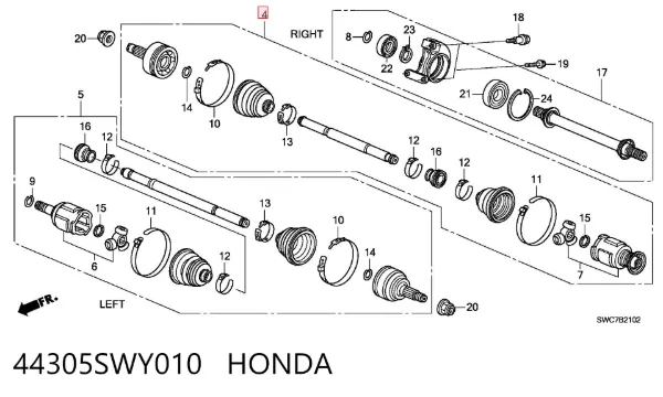 Semieje delantero derecho 44305SWY010 Honda