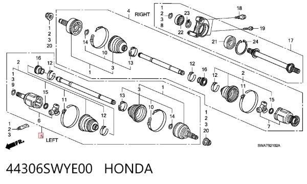 Semieje delantero izquierdo 44306SWYE00 Honda