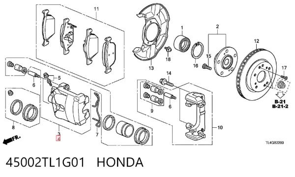 Pinza de freno delantera derecha 45002TL1G01 Honda