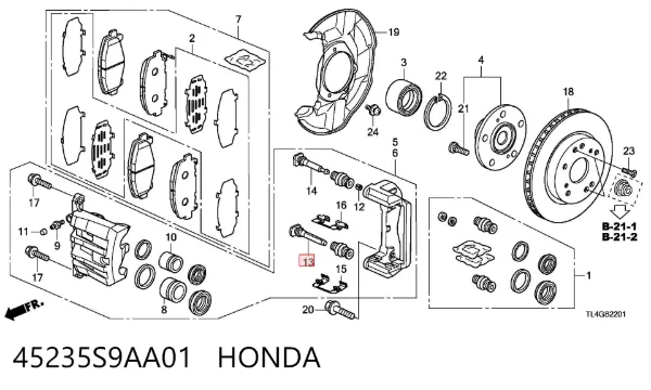 Guía de la pinza de freno delantera 45235S9AA01 Honda
