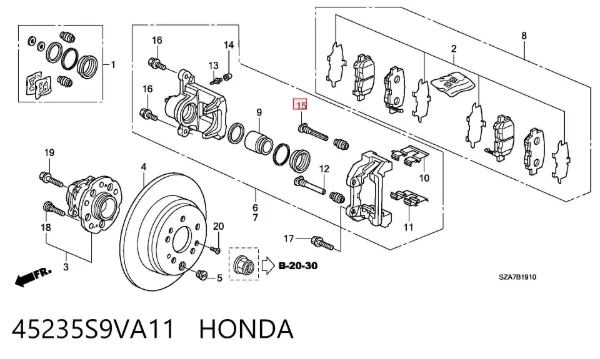 Pasador guía de la pinza de freno trasera 45235S9VA11 Honda