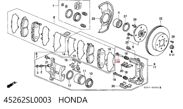 Pasador guía superior de la pinza de freno delantera 45262SL0003 Honda