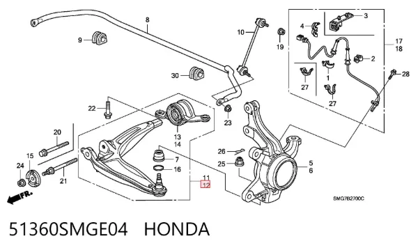 Brazo inferior izquierdo de la suspensión delantera 51360SMGE04 Honda