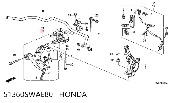Brazo inferior izquierdo de la suspensión delantera 51360SWAE80 Honda