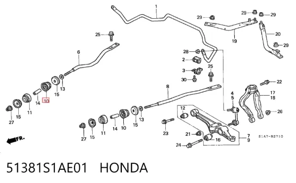 Silentblock del brazo radial de la suspensión delantera 51381S1AE01 Honda