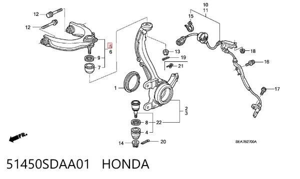 Brazo superior derecho de la suspensión delantera 51450SDAA01 Honda