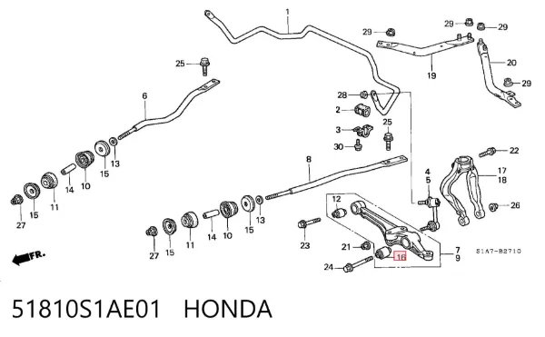 Silentblock del brazo de suspensión 51810S1AE01 Honda