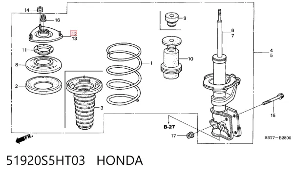 Soporte del amortiguador delantero derecho 51920S5HT03 Honda