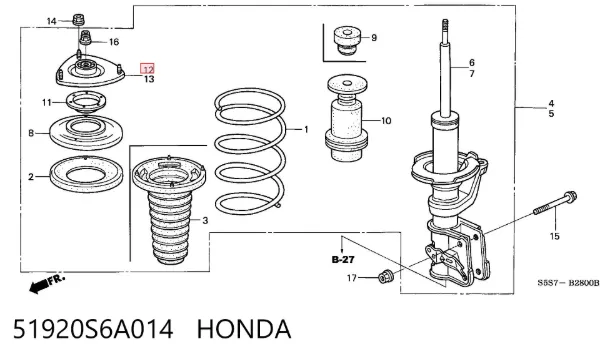 Soporte del amortiguador delantero derecho 51920S6A014 Honda