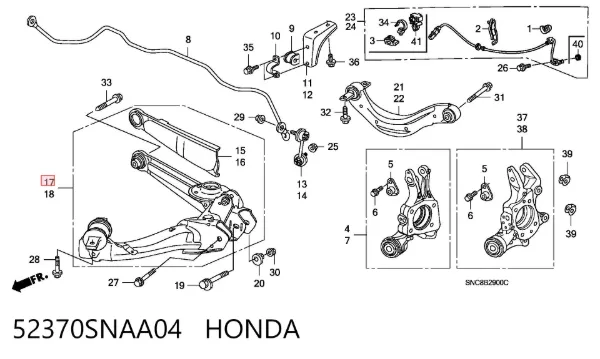 Brazo de suspensión trasero inferior derecho 52370SNAA04 Honda