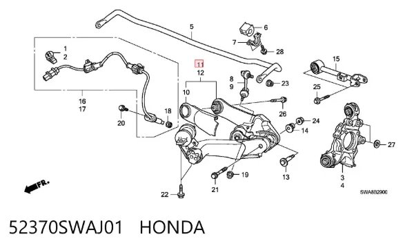 Brazo de suspensión trasero inferior derecho 52370SWAJ01 Honda