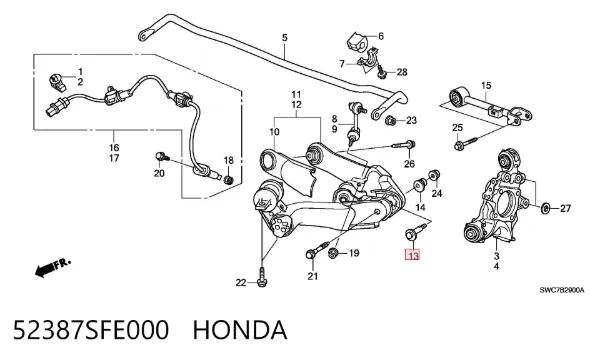 Perno exterior del brazo de caída trasero 52387SFE000 Honda