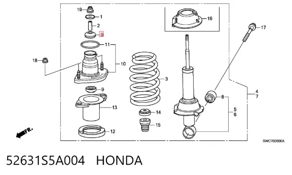 Buje de vástago de amortiguador trasero 52631S5A004 Honda