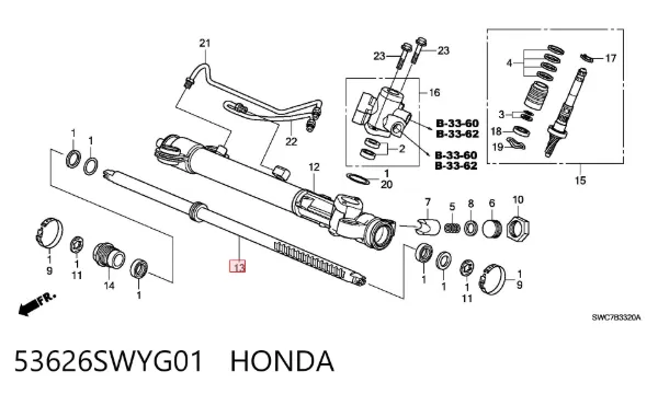 Cremallera de dirección 53626SWYG01 Honda