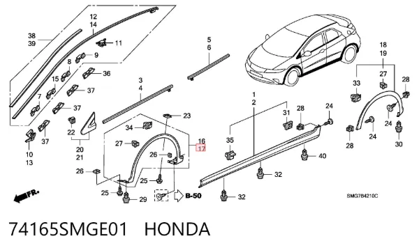 Moldura del guardabarros delantero izquierdo 74165SMGE01 Honda