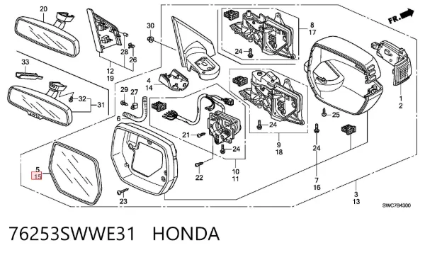 Cristal de espejo retrovisor exterior izquierdo 76253SWWE31 Honda