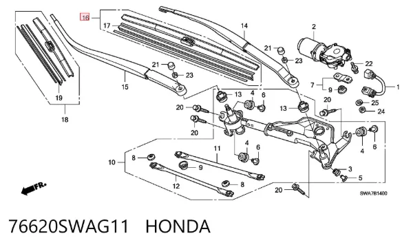 Escobilla del limpiaparabrisas del lado del conductor 76620SWAG11 Honda