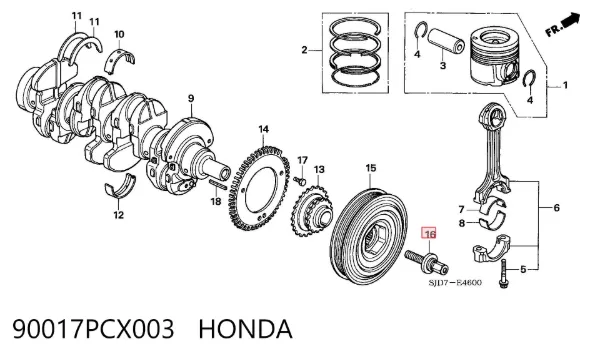 Perno de la polea del cigüeñal 90017PCX003 Honda