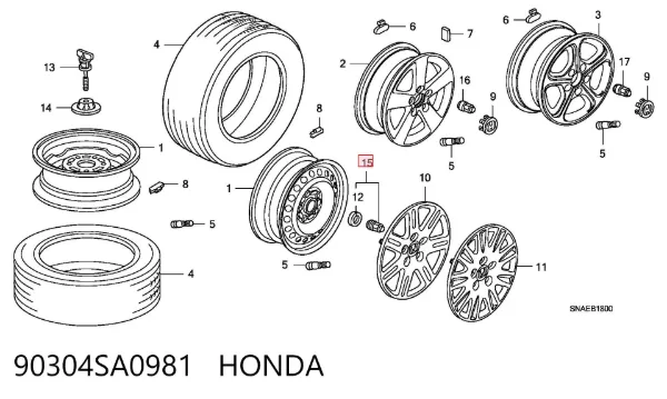 Tuercas de rueda 90304SA0981 Honda