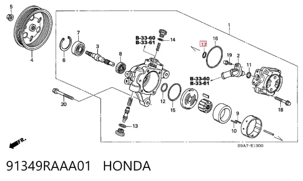 Retén de bomba de dirección asistida 91349RAAA01 Honda