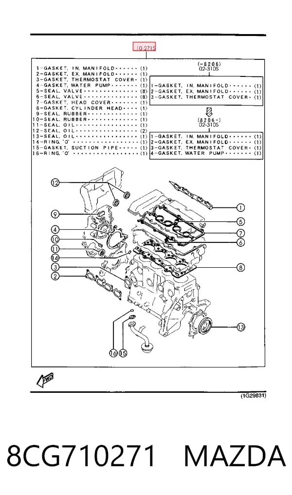Juego de juntas para motor 8CG710271 Mazda