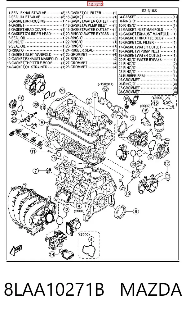 Juego de juntas para motor 8LAA10271B Mazda