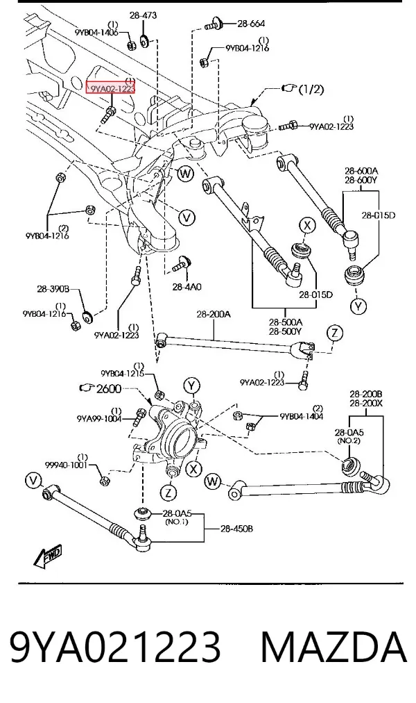 Perno exterior del brazo de caída trasero 9YA021223 Mazda