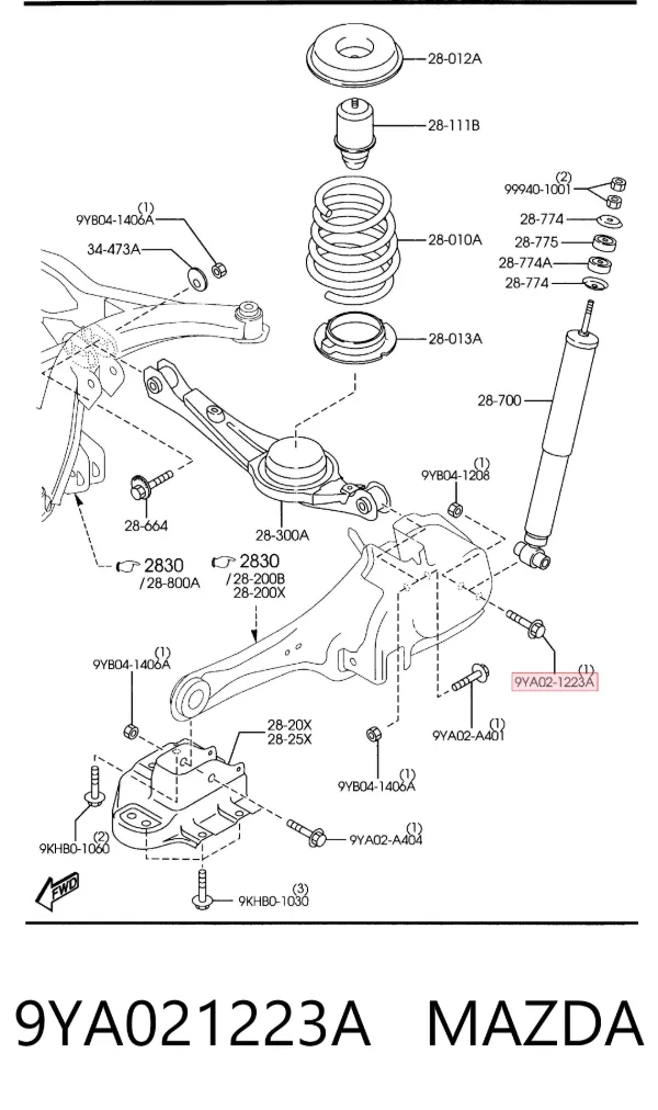 Perno exterior del brazo de caída trasero 9YA021223A Mazda