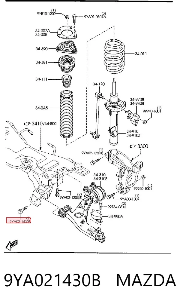 Perno de fijación del brazo inferior delantero 9YA021430B Mazda