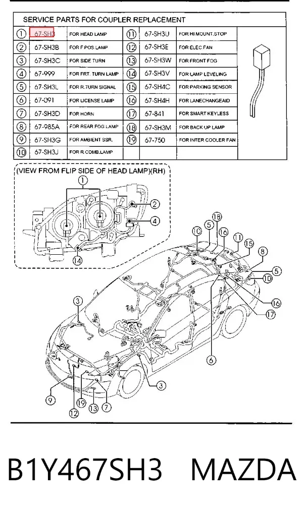 Conector del faro B1Y467SH3 Mazda