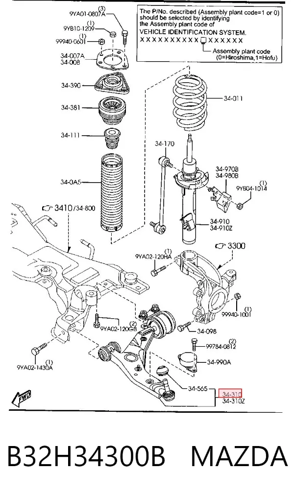 Brazo inferior derecho de la suspensión delantera B32H34300B Mazda