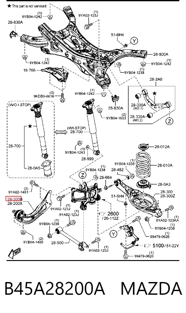 Brazo de suspensión, trasera derecha B45A28200A Mazda