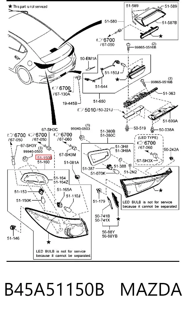 Piloto trasero exterior derecho B45A51150B Mazda