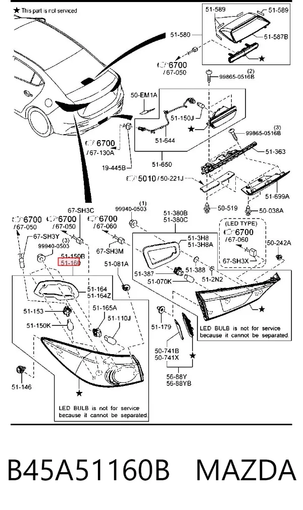 Piloto trasero exterior izquierdo B45A51160B Mazda
