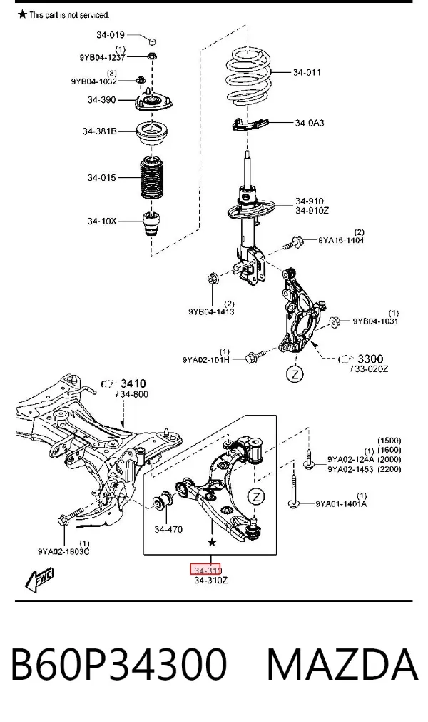 Brazo inferior derecho de la suspensión delantera B60P34300 Mazda