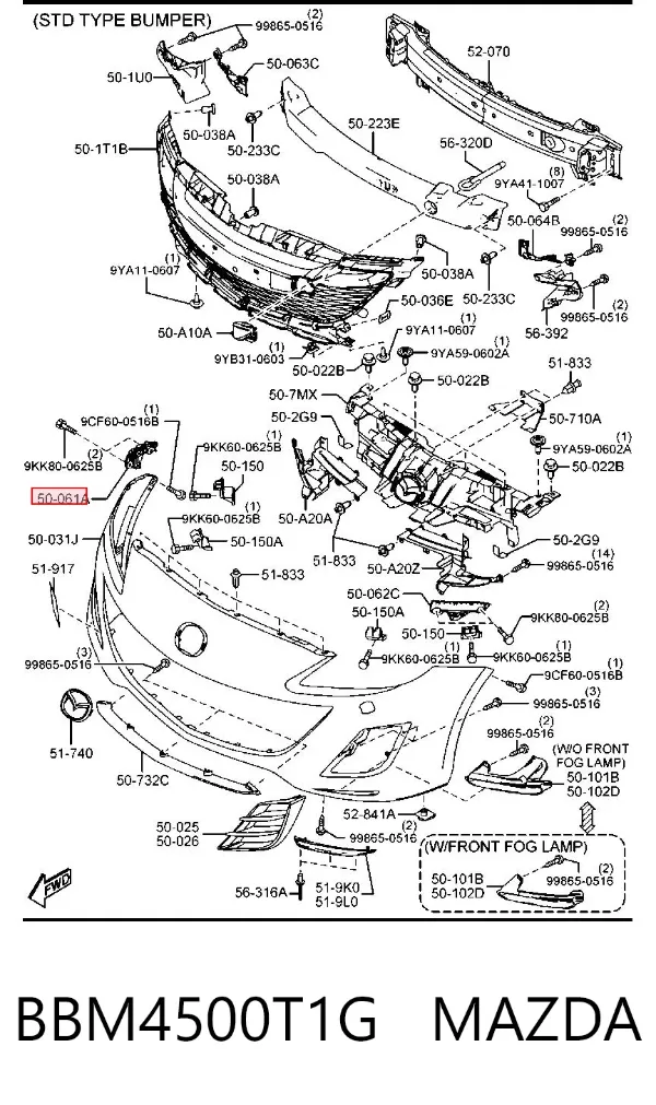 Soporte de parachoques delantero derecho BBM4500T1G Mazda