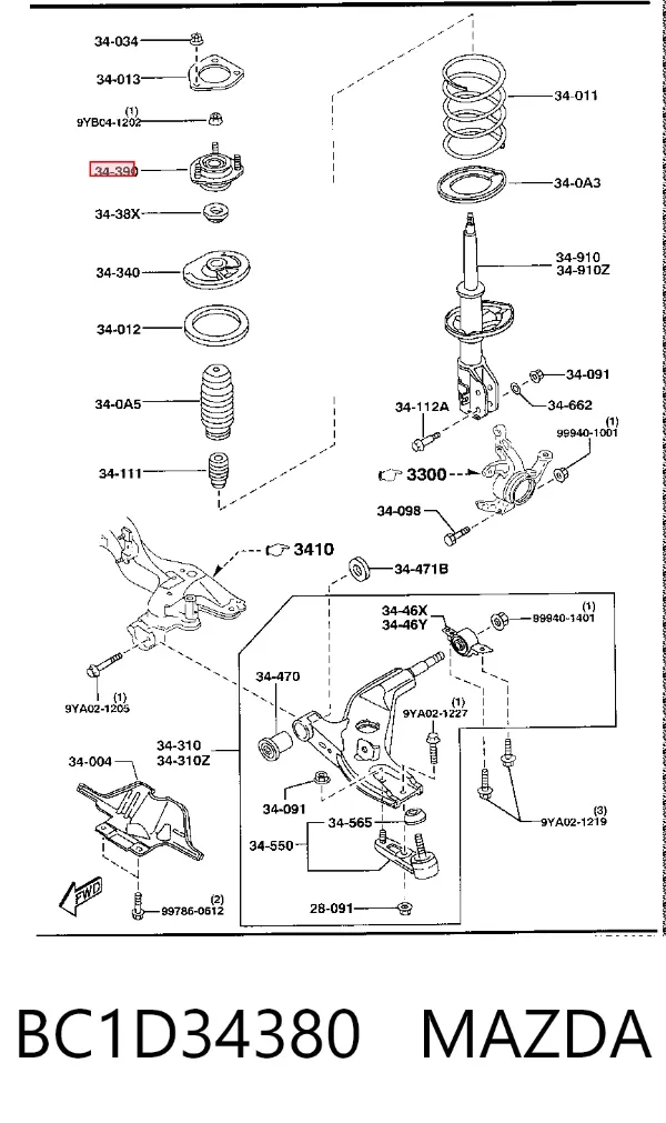 Soporte del amortiguador delantero BC1D34380 Mazda