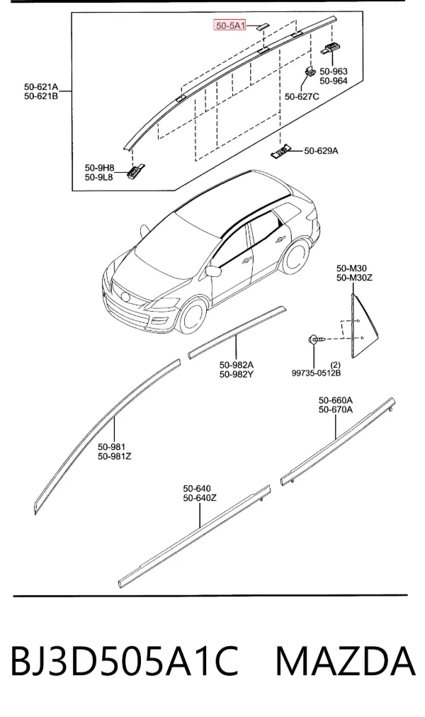 Tapa trasera de riel de techo BJ3D505A1C Mazda