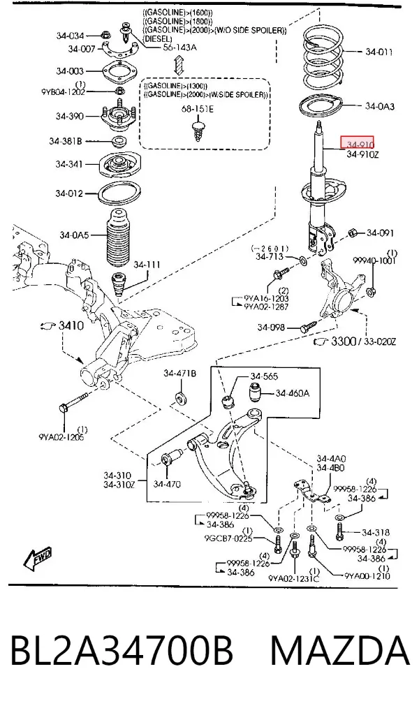 Amortiguador delantero derecho BL2A34700B Mazda