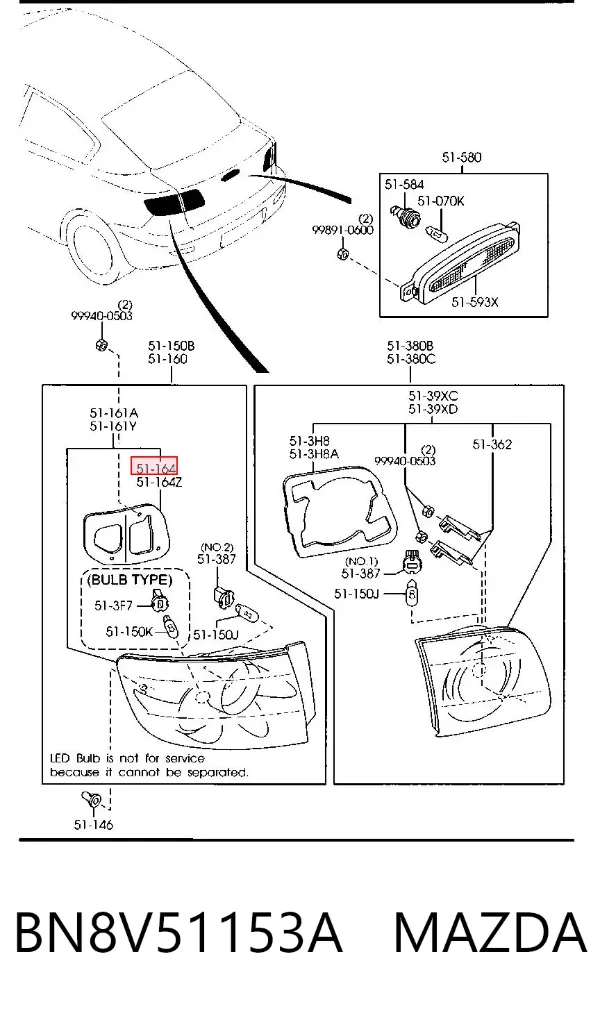 Sello del piloto trasero exterior BN8V51153A Mazda