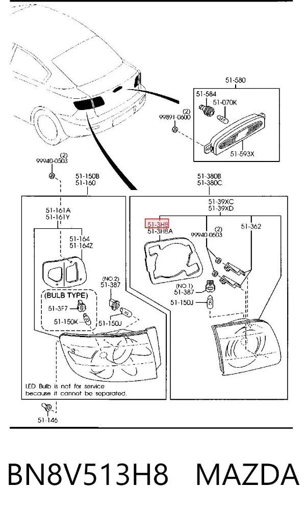 Empaque interior de la luz trasera BN8V513H8 Mazda