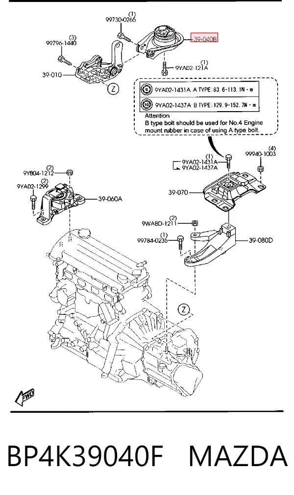 Soporte de motor trasero BP4K39040F Mazda
