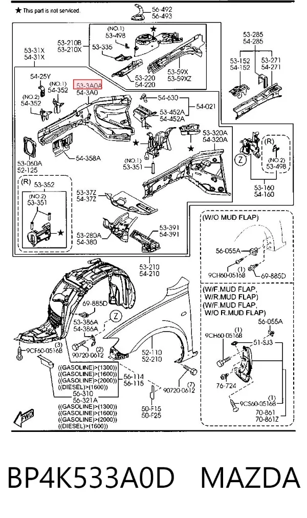 Larguero delantero derecho del bastidor BP4K533A0D Mazda