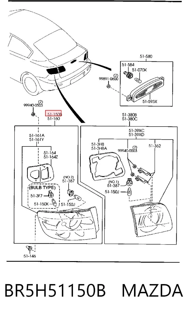Piloto trasero exterior derecho BR5H51150B Mazda