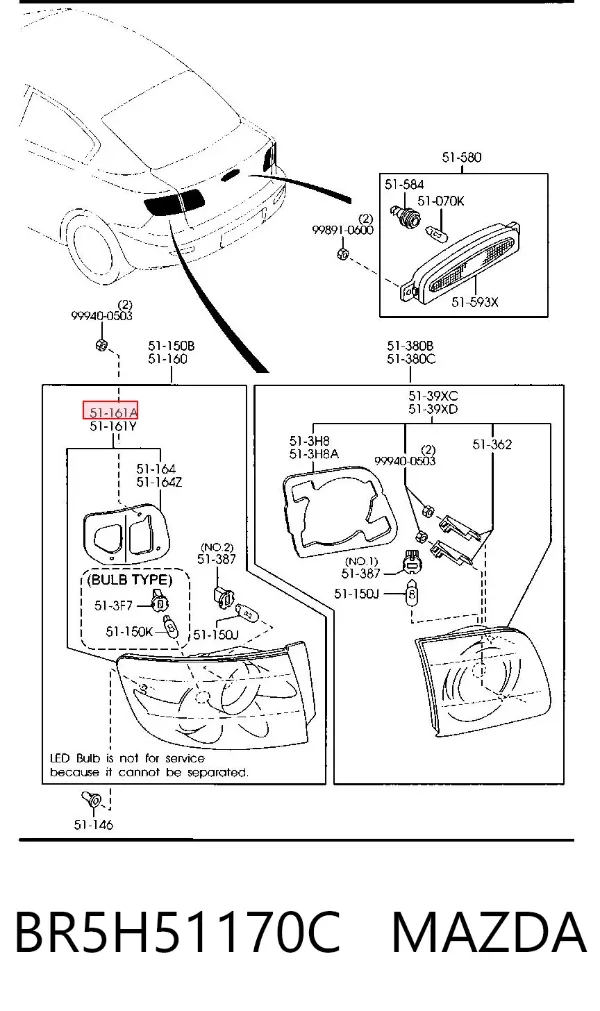 Piloto trasero exterior derecho BR5H51170C Mazda