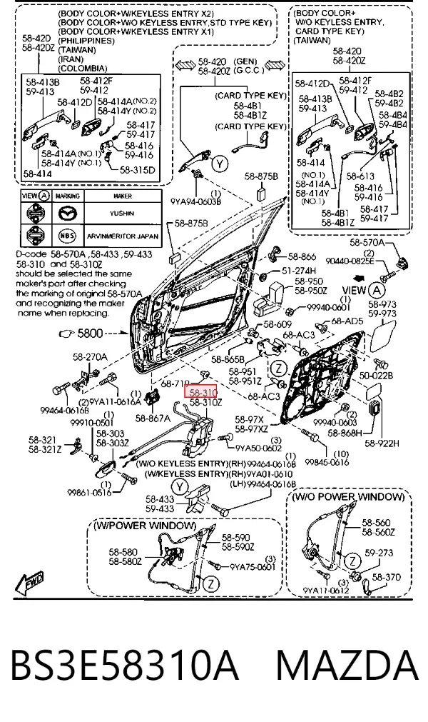 Cerradura de puerta delantera derecha BS3E58310A Mazda