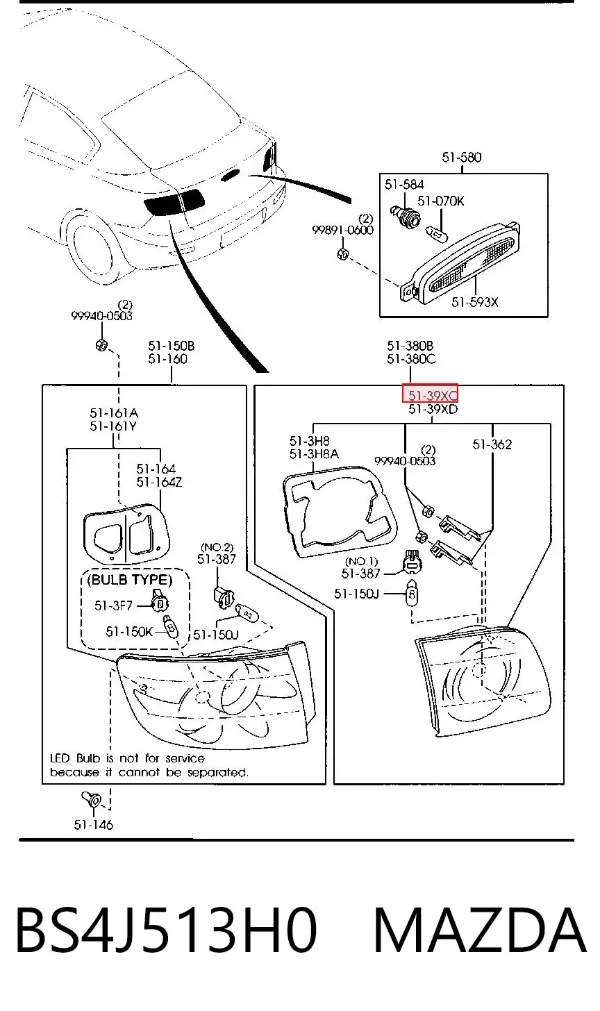 Piloto trasero interior derecho BS4J513H0 Mazda