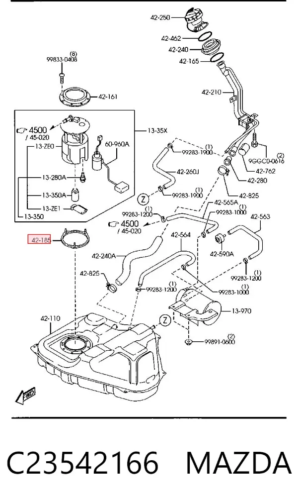 Junta del sensor de nivel de combustible/bomba de combustible (depósito de combustible) C23542166 Mazda