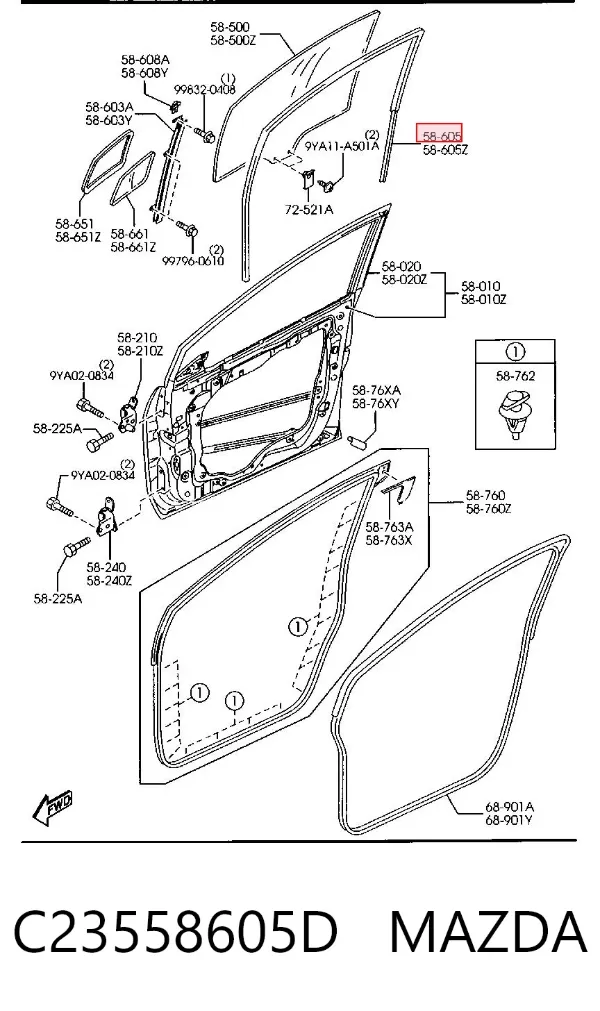 Guía de cristal del marco de la puerta delantera derecha C23558605D Mazda