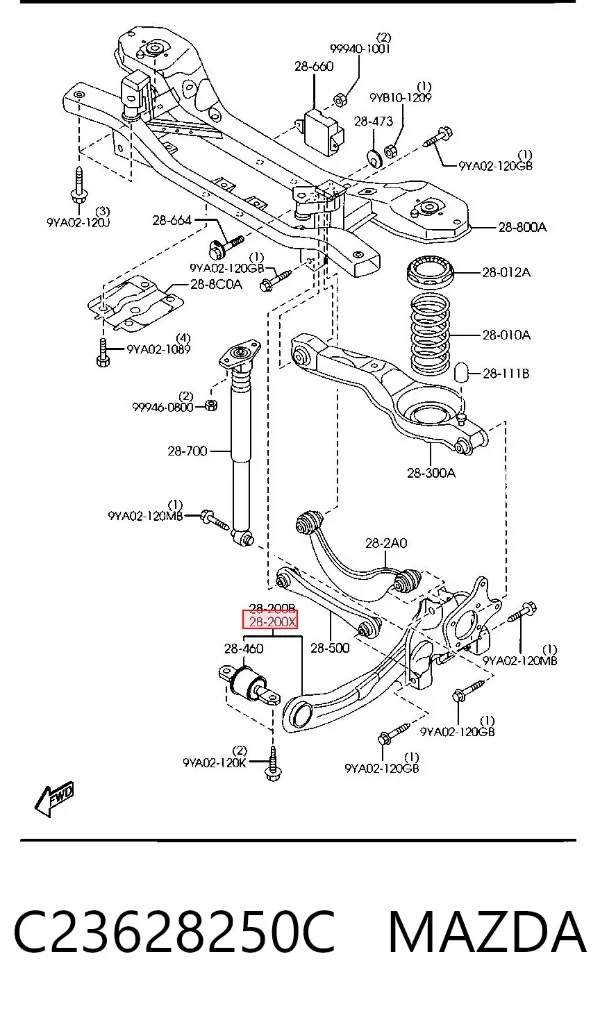 Barra oscilante, suspensión de ruedas, trasera izquierda C23628250C Mazda